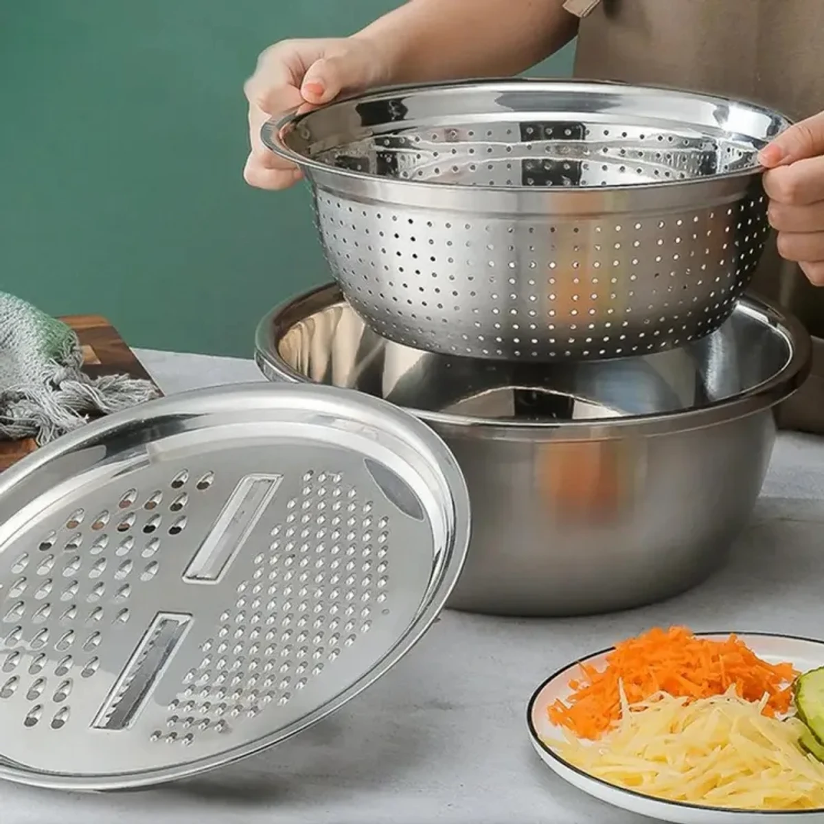 Stainless Steel Basin With Grater 3 in 1 Drain Basket Vegetable Cutter Washing Bowl Strainer Set Silver