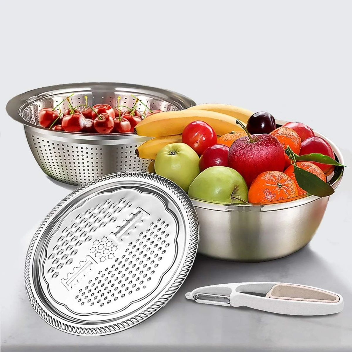 Stainless Steel Basin With Grater 3 in 1 Drain Basket Vegetable Cutter Washing Bowl Strainer Set Silver