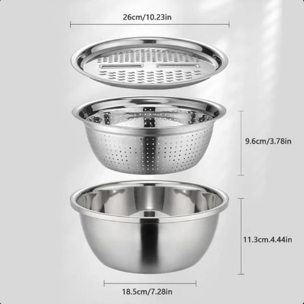 Stainless Steel Basin With Grater 3 in 1 Drain Basket Vegetable Cutter Washing Bowl Strainer Set Silver